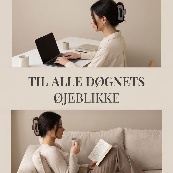 To billeder af en kvinde med hårklemme: ved computeren og læsende på sofaen 4