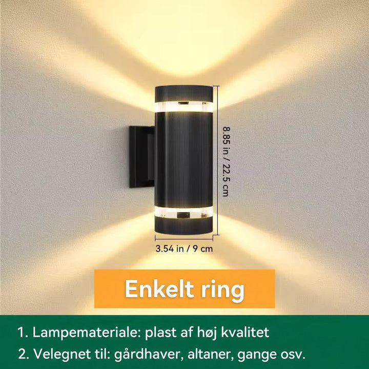 Cylinderlampe med ét lysbånd i hver ende, vist med mål på højde og diameter og anvendelsesforslag 13