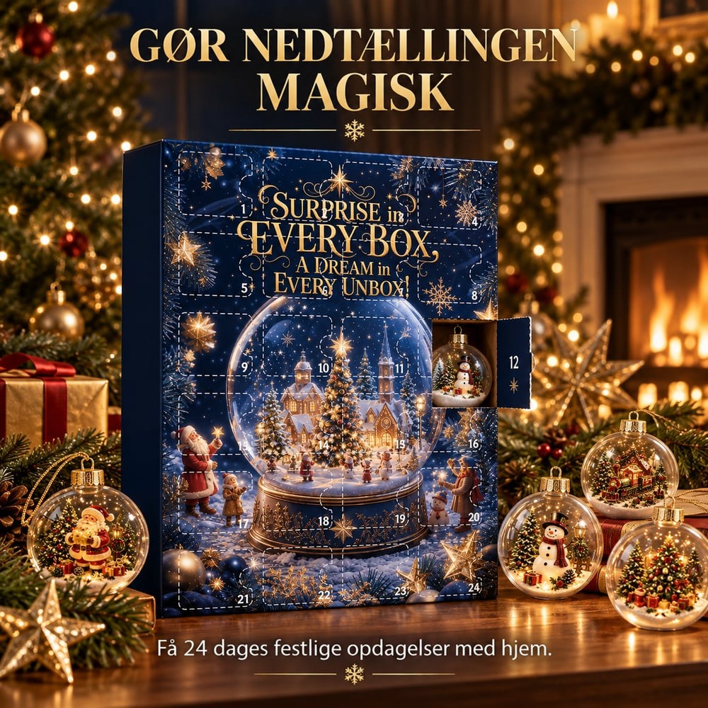Kalenderen med låge nummer 12 åben og en snemandskugle indeni, omgivet af julepynt og små gaver 3