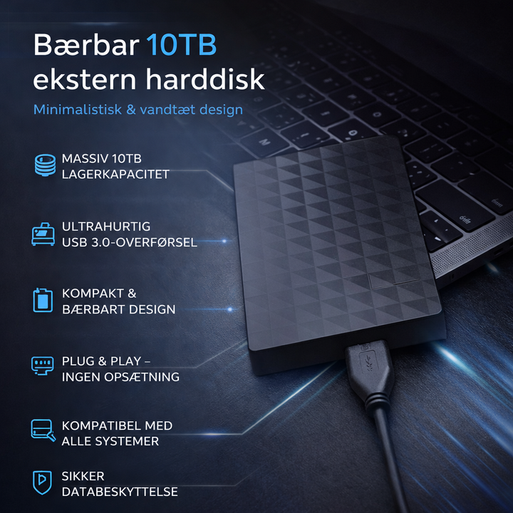 Informationsbillede med harddisken tilsluttet en bærbar computer og en liste over produktets fordele 5