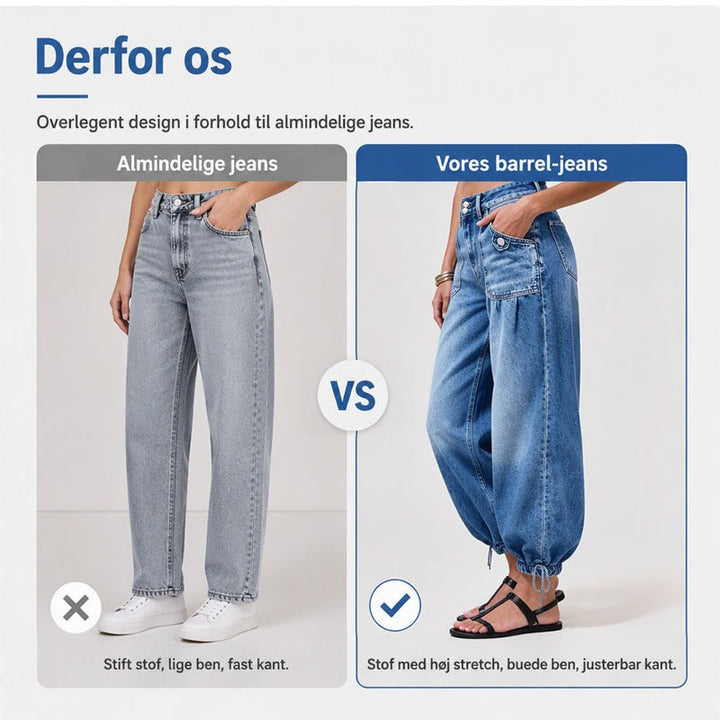 Sammenligning af lige, lysegrå standardjeans til venstre og blå tøndejeans med bindebånd ved sømmen til højre. 5