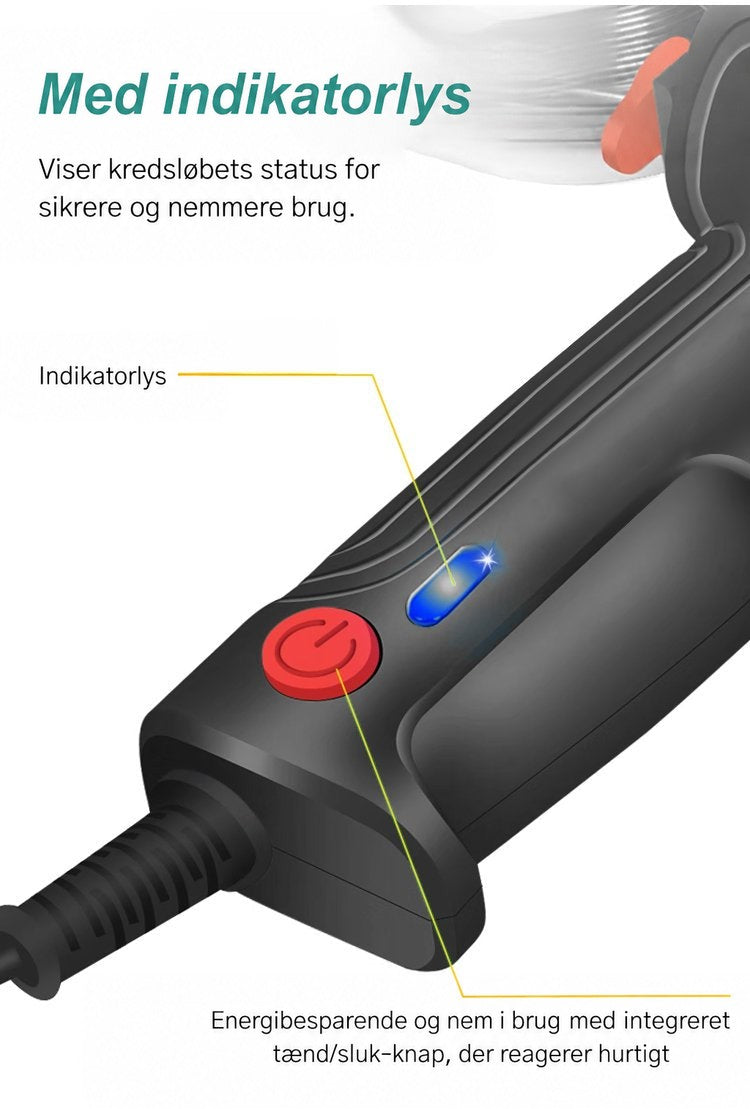 Nærbillede af håndtagets blå indikatorlampe og røde tænd-sluk-knap på den sorte pistol 5