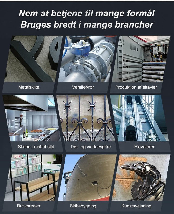 Collage med ni anvendelser, bl.a. rørsystemer, rækværk, rustfrit stålskab, elevator, skibsbygning og kunstsvejsning 4