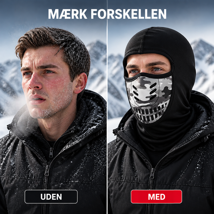 Sammenligning af en mand uden maske med frost i ansigtet og en mand med sort maske med camouflagepanel. 3