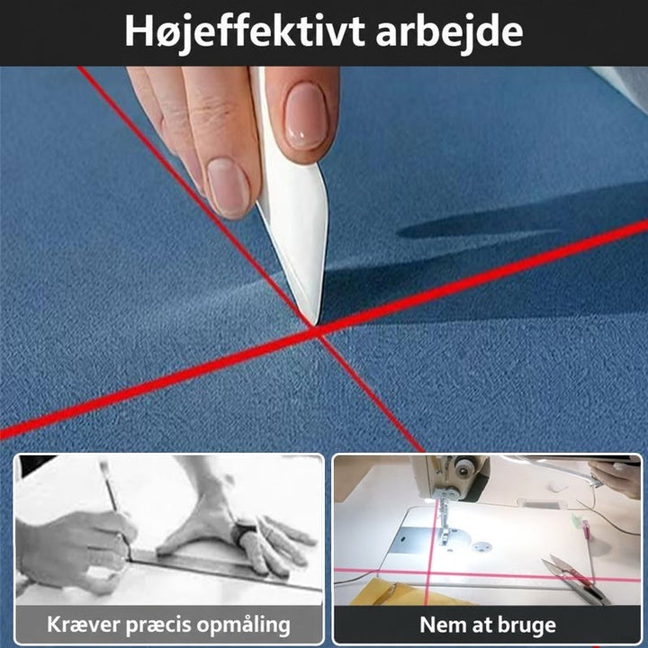 Rødt laserkryds på blå stof, hvor en hånd markerer, og to små billeder af syning 6