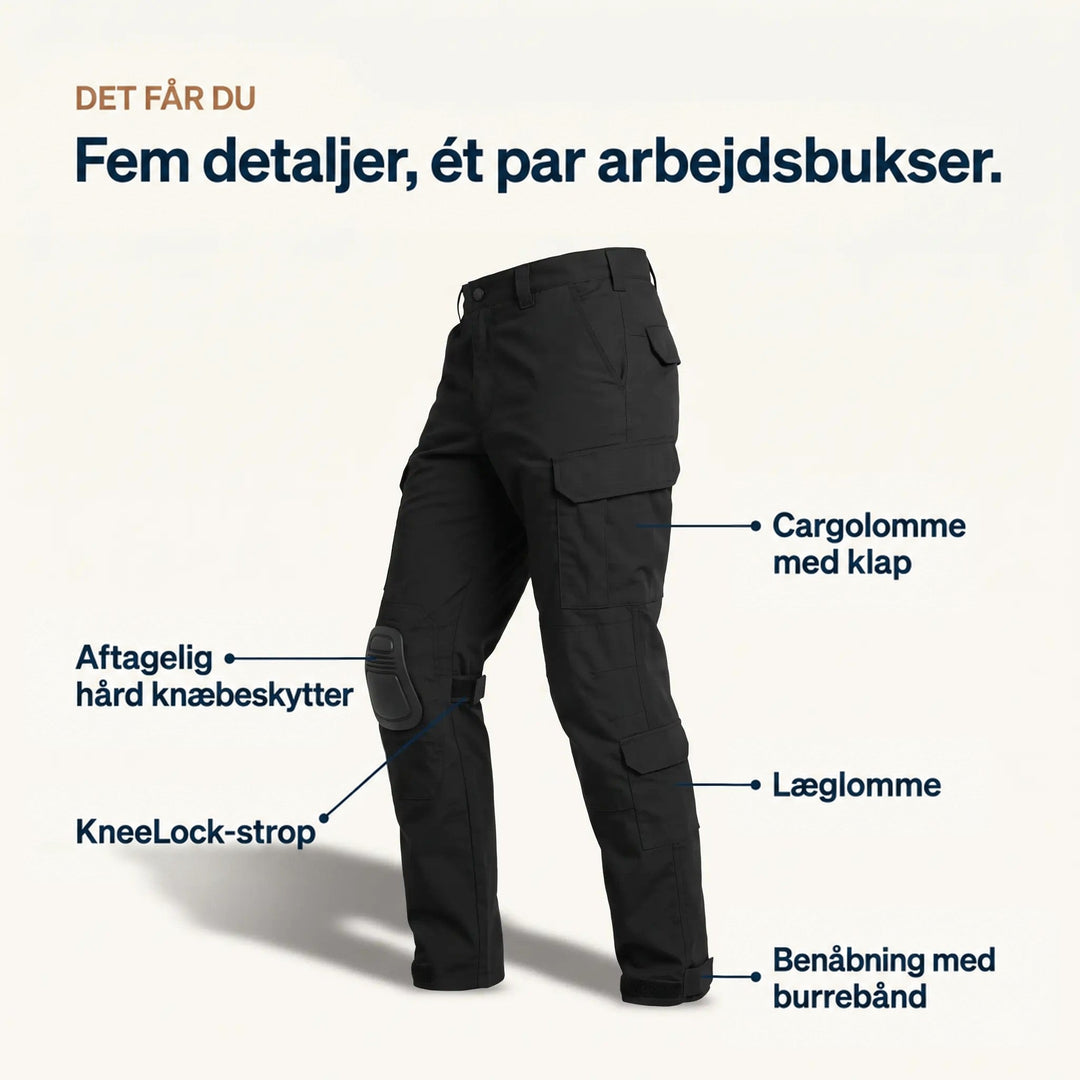 Sorte arbejdsbukser set skråt fra siden med pile til lårlomme, læglomme, aftagelig knæbeskytter, knæstrop og velcrolukning i benenden. 5