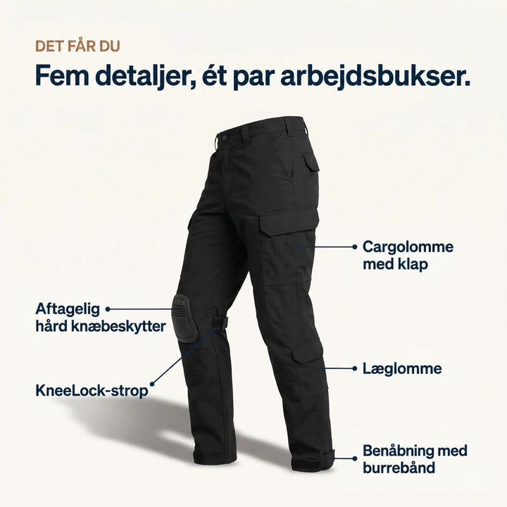 Sorte arbejdsbukser set skråt fra siden med pile til lårlomme, læglomme, aftagelig knæbeskytter, knæstrop og velcrolukning i benenden. 5
