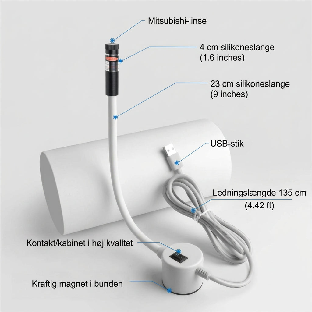Laseren med hvid fleksibel slange, USB-kabel, kontakt og magnetfod, med pile til delene 4