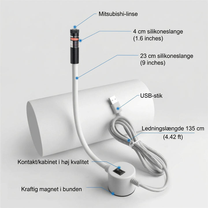 Laseren med hvid fleksibel slange, USB-kabel, kontakt og magnetfod, med pile til delene 4