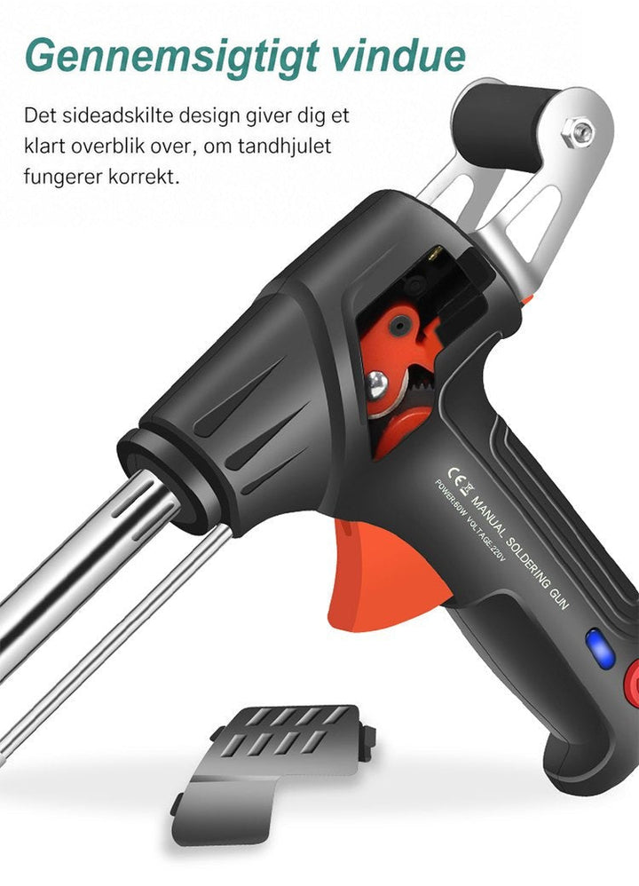 Pistol med aftaget sidedæksel, så det orange tandhjul indeni er synligt 7