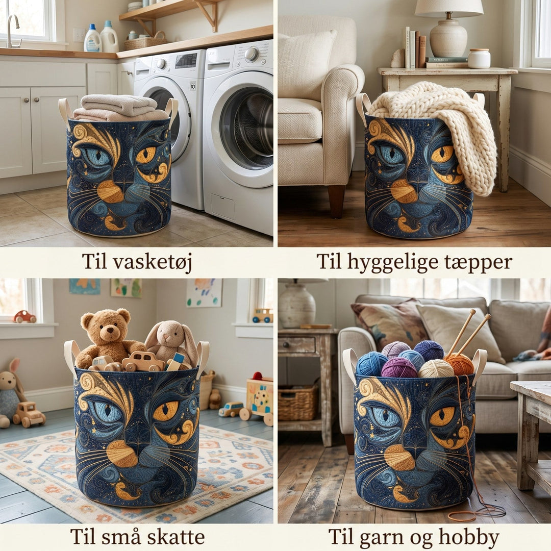 Fire situationer med kurven: fyldt med håndklæder ved vaskemaskinen, tæpper ved sofaen, legetøj på børneværelset og garnnøgler. 2