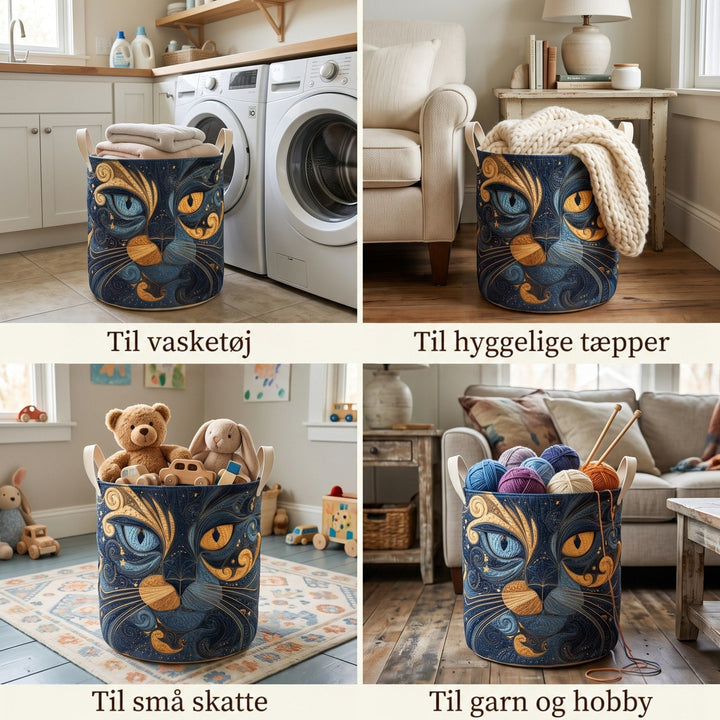 Fire situationer med kurven: fyldt med håndklæder ved vaskemaskinen, tæpper ved sofaen, legetøj på børneværelset og garnnøgler. 2