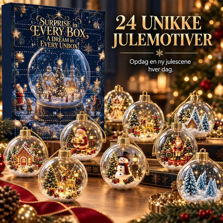 Marineblå adventskalender med snekugle-motiv foran en række gennemsigtige julekugler med nisser, snemand, rensdyr og 1