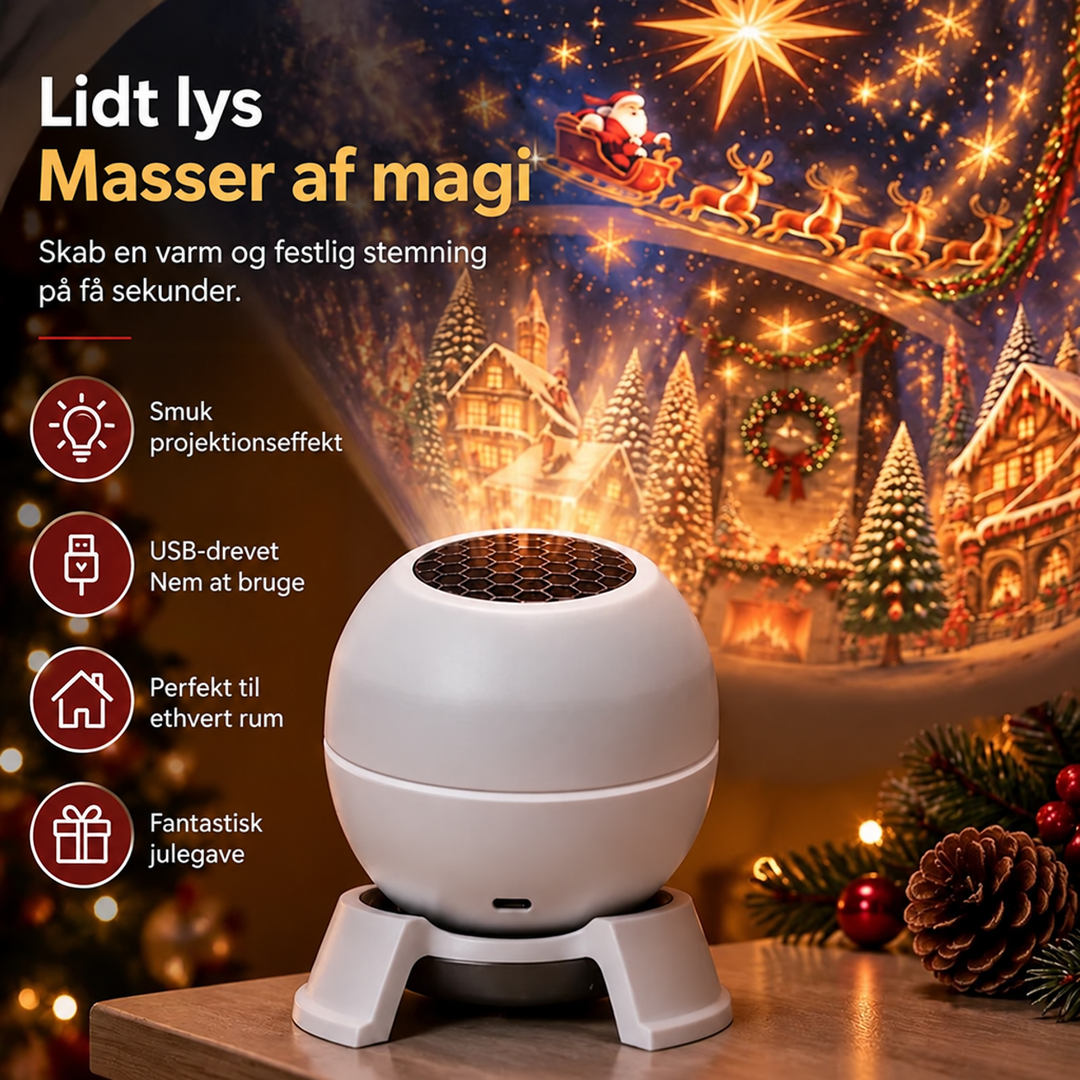 Nærbillede af den hvide projektor med lysåbning og USB-port, med julemotiver på væggen bagved 4