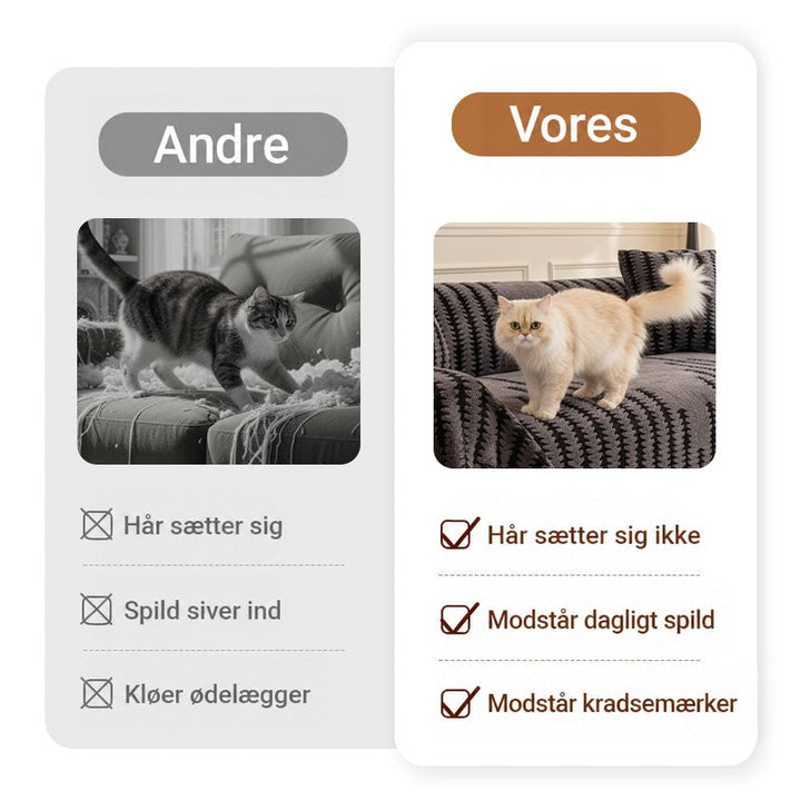 Sammenligning af to katte på sofaer, den ene med skadet betræk, den anden med intakt betræk 4