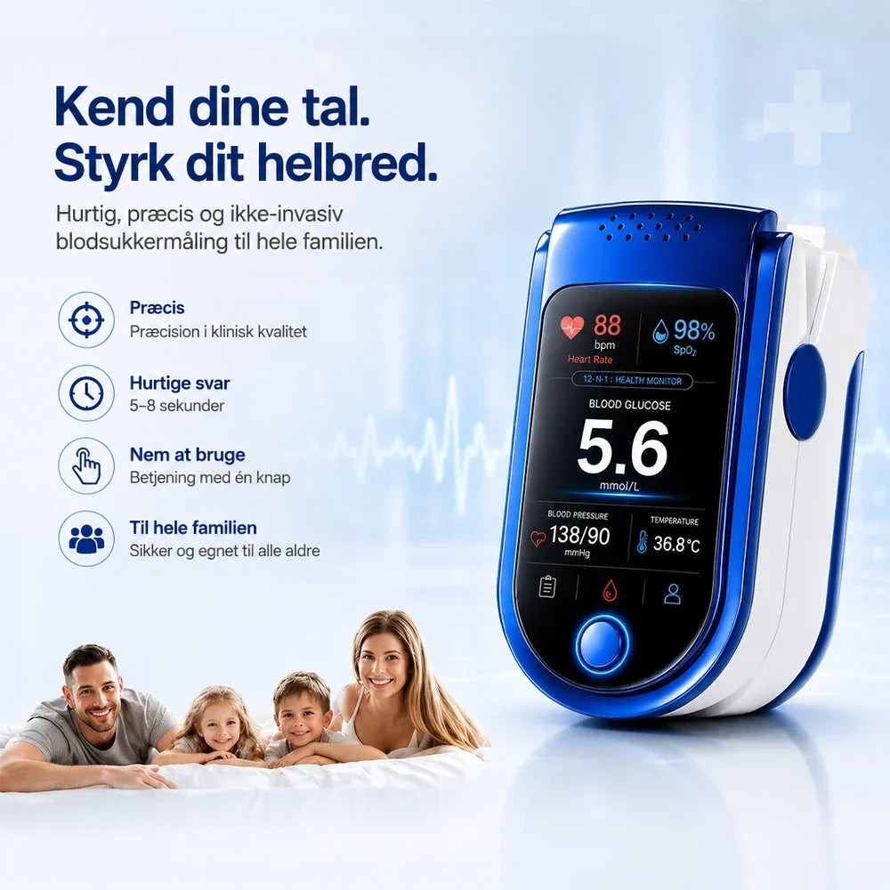 Monitoren set skråt forfra på lys baggrund, med en lille familie på fire liggende på en seng i nederste hjørne. 5
