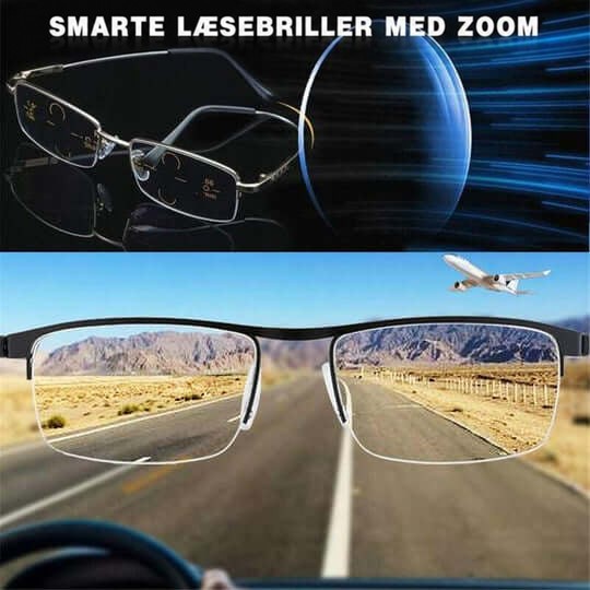Collage med brille og linse øverst og motorvejsudsigt set gennem klare glas nederst 4