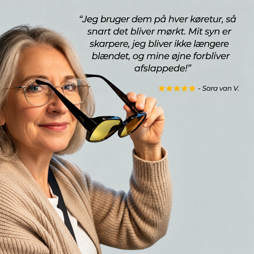 Kvinde med grå hår og tynde briller holder en sort overzetbrille med gule linser op foran sig, ved siden af en kundeanmeldelse. 8