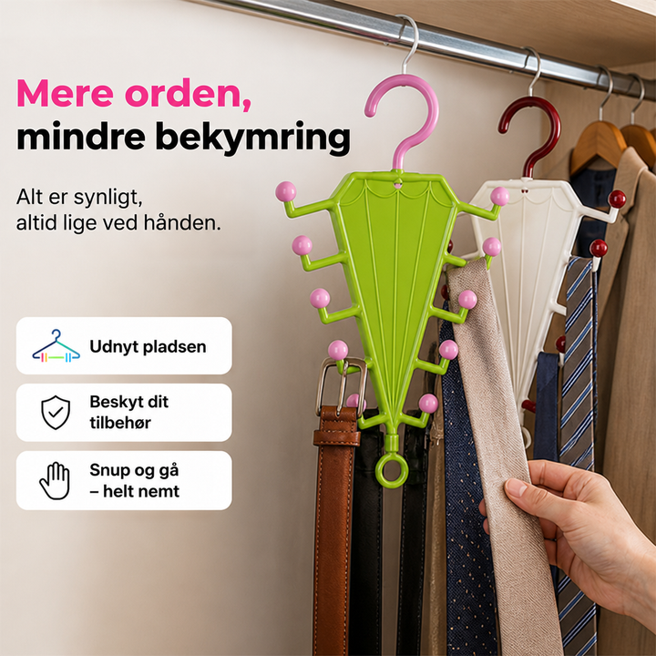 Grøn og hvid bøjle på skabsstang, fyldt med bælter og slips, mens en hånd tager et slips 5