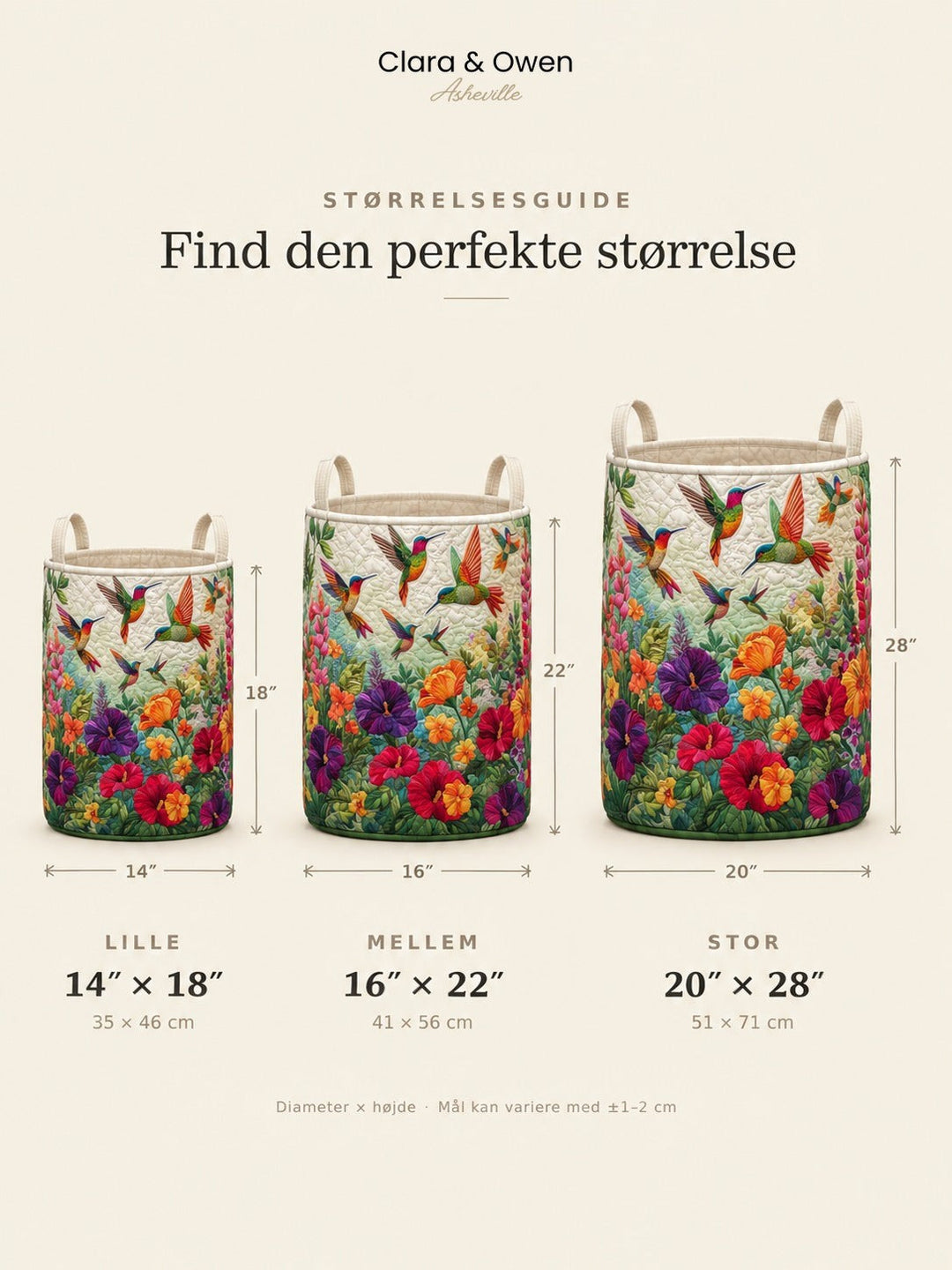 Tre kurve i størrelserne small, medium og large ved siden af hinanden med målpile for diameter og højde. 5