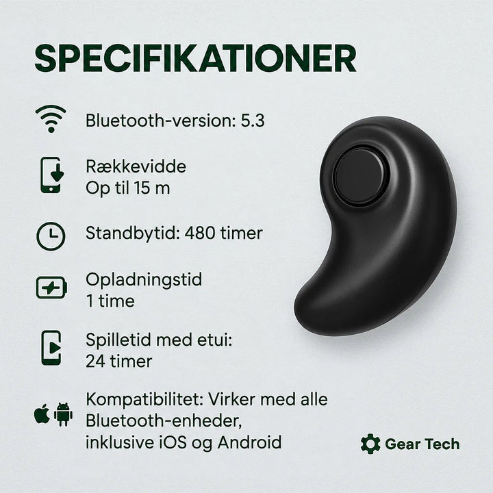 Sort buet øretelefon set forfra med en rund knap, ved siden af en liste over tekniske data 5