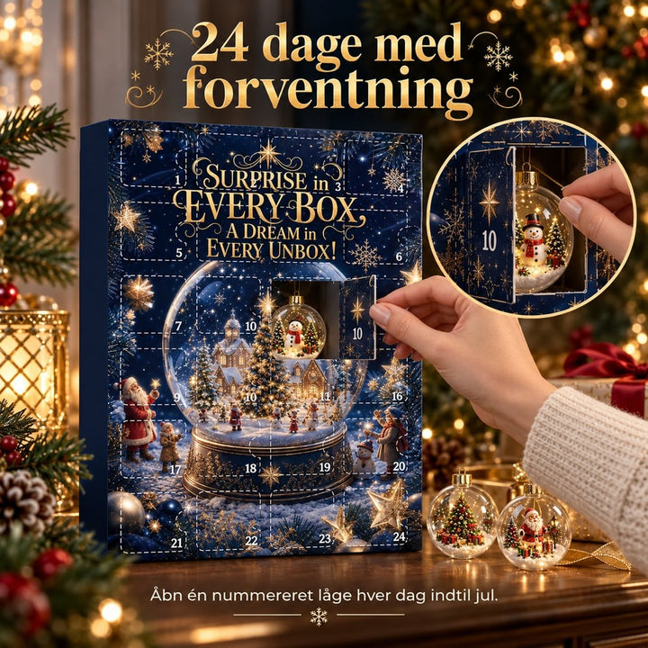 En hånd åbner låge nummer 10, og et udsnit i cirklen viser snemandskuglen indeni 10