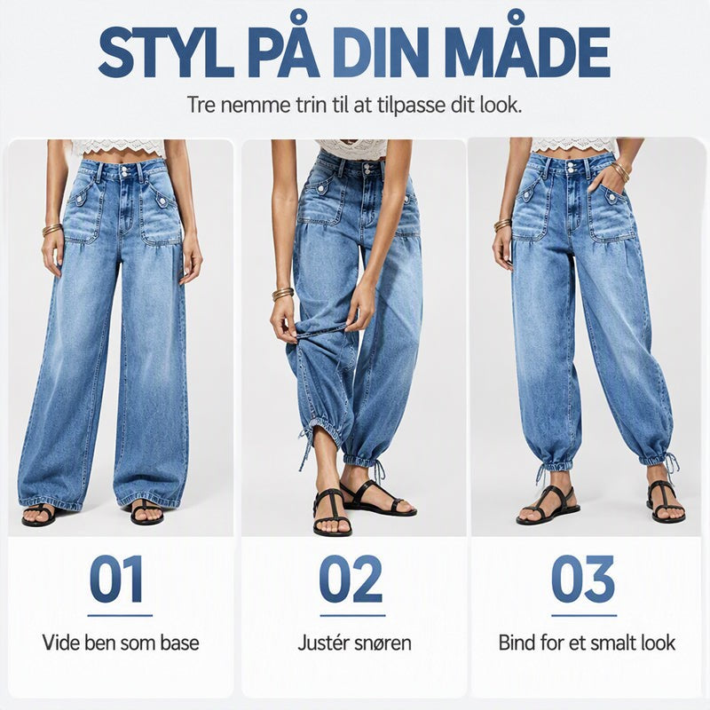 Tre trin i styling: brede ben, justering af bindebåndet ved sømmen og færdigt smalt, tøndeformet look. 8