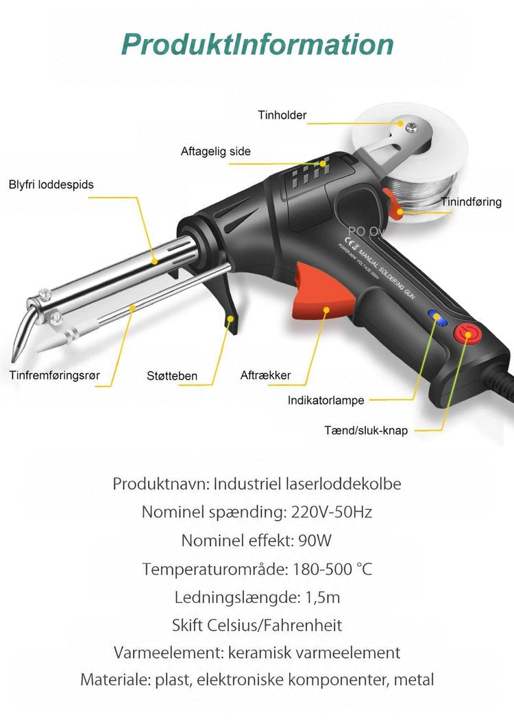 Pistol med alle dele mærket, og specifikationer med spænding, effekt, temperaturområde og ledningslængde nedenunder 8