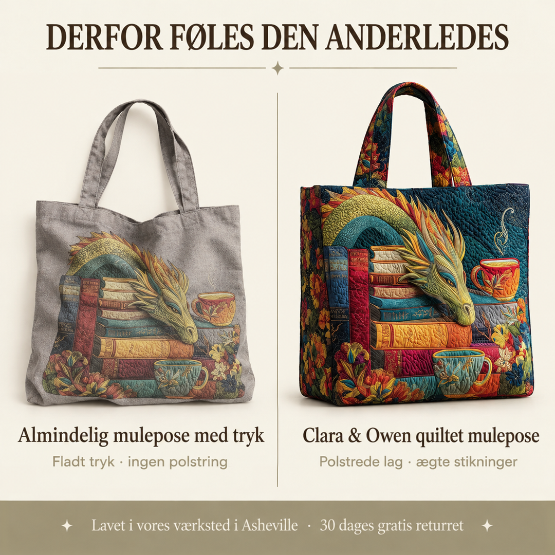 Sammenligning af en flad, grå trykt totebag til venstre og den vatterede, farverige totebag med polstrede lag og kraftige sting til højre. 4