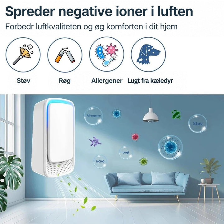 Illustration af ioner i en lys stue med ikoner for støv, røg, allergener og kæledyrslugt 8