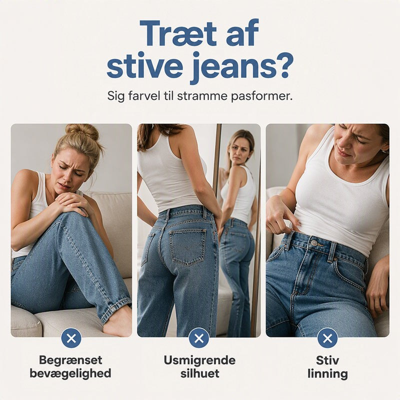 Tre små billeder af kvinder i stive, almindelige jeans, der virker ubehagelige: stram bevægelighed, uflatterende pasform og stiv linning. 3