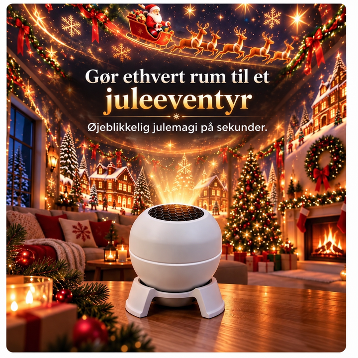 Hvid rund projektor med fod på et træbord projicerer julemotiver på vægge og loft i en stue med juletræ og pejs. 2