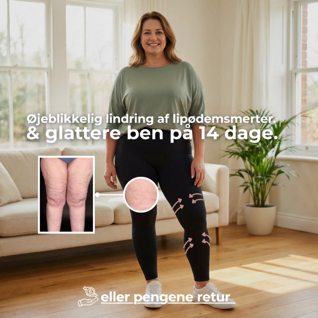 Smilende kvinde i sorte leggings og grøn bluse i en lys stue, med lille billede af lår og pile på benene. 17