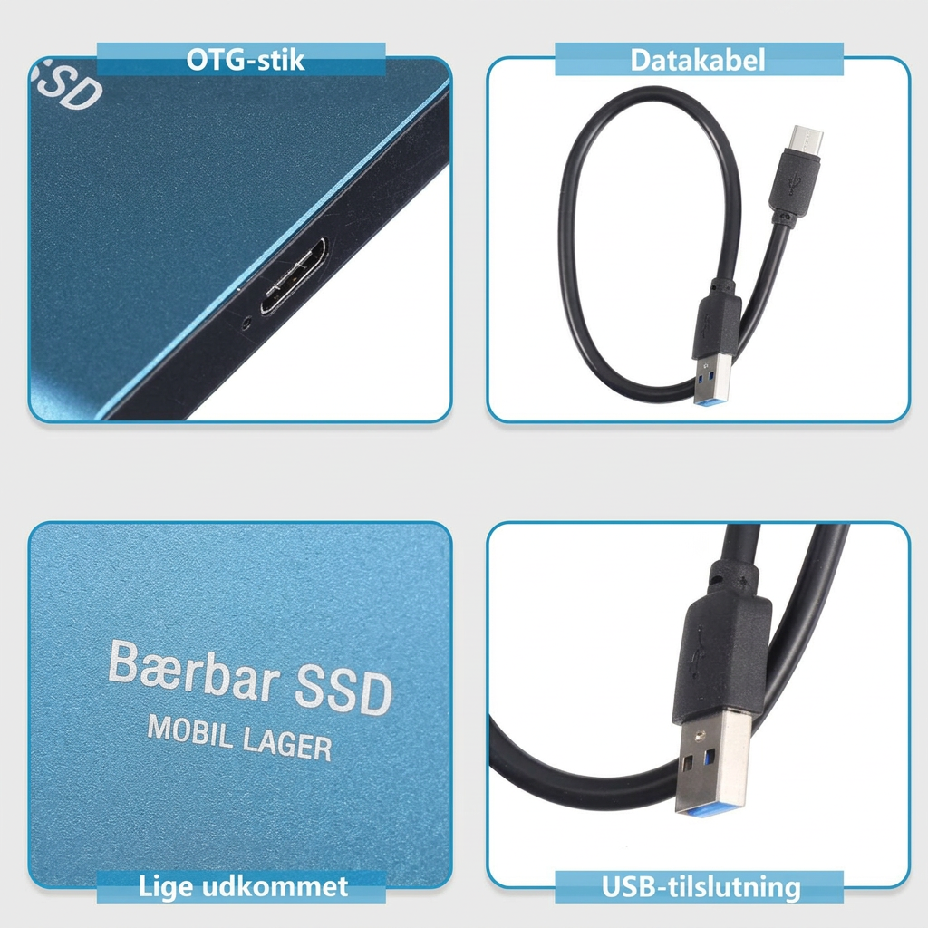 Fire detaljebilleder af SSD'ens tilslutning, kabel, overflade og USB-stik 7