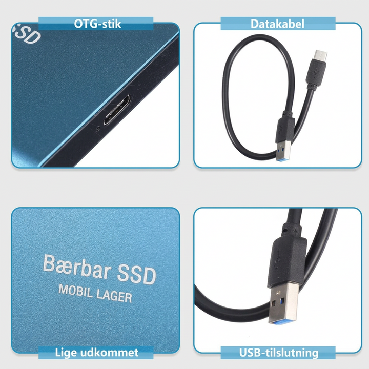 Fire detaljebilleder af SSD'ens tilslutning, kabel, overflade og USB-stik 7