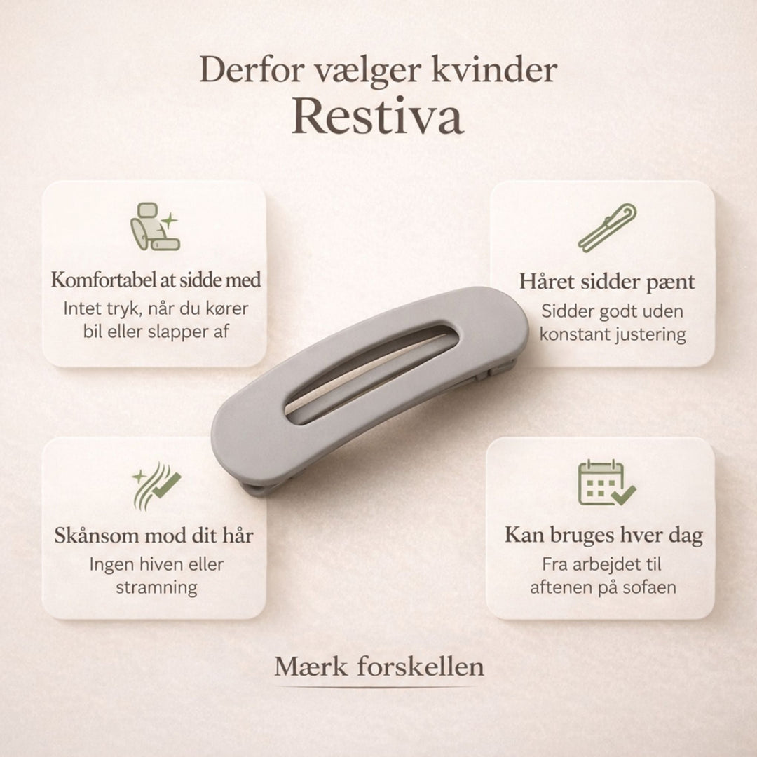 Grå hårklemme midt i en grafik med fire fordele ved klemmen 3