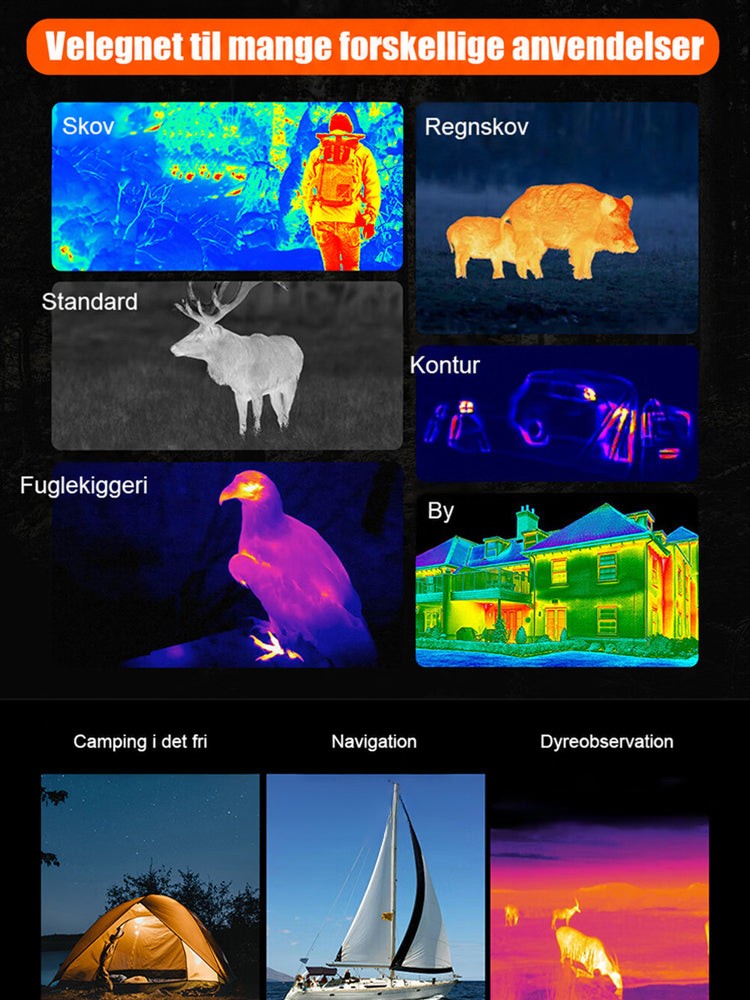Collage af termiske billeder af skov, dyr, fugl og bygning samt telt, sejlbåd og dyreobservation 5