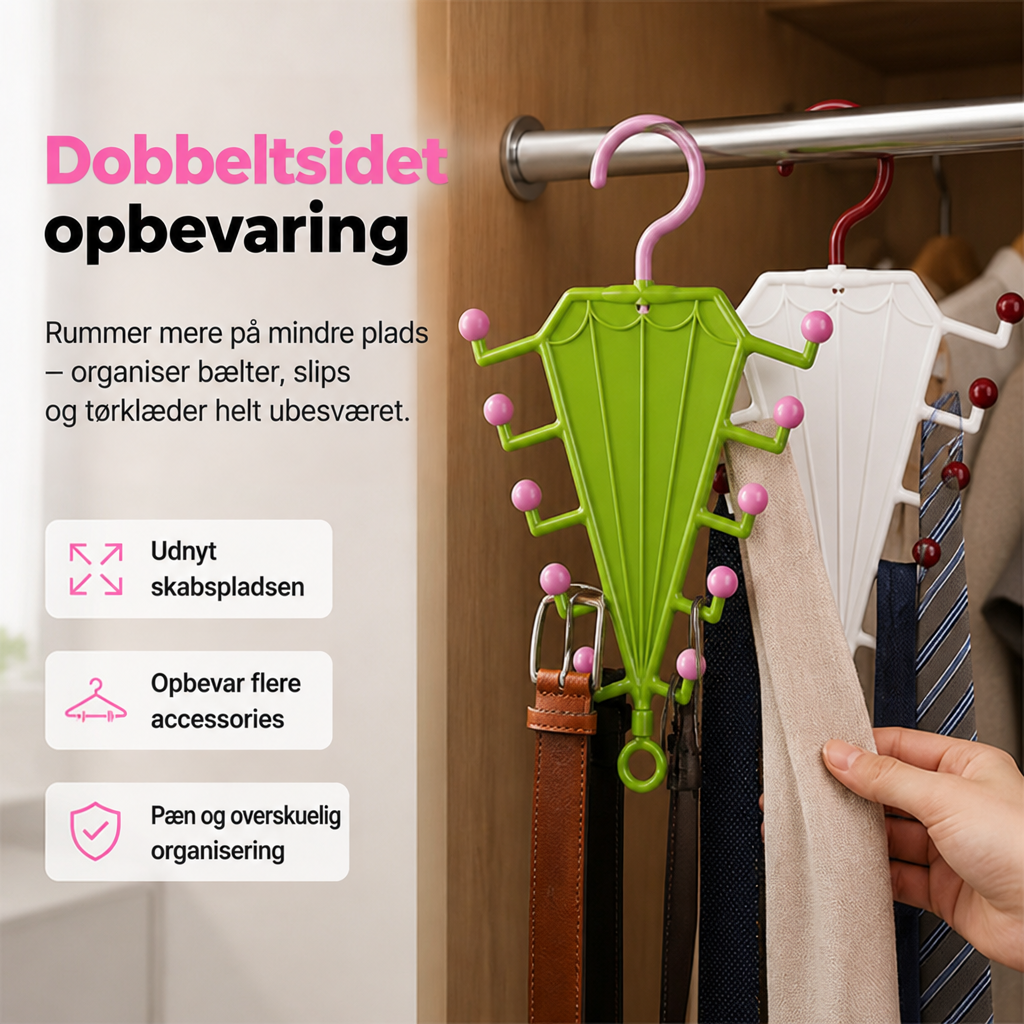 Grøn og hvid paraplyformet bøjle på stangen i et skab med bælter, slips og tørklæder 1