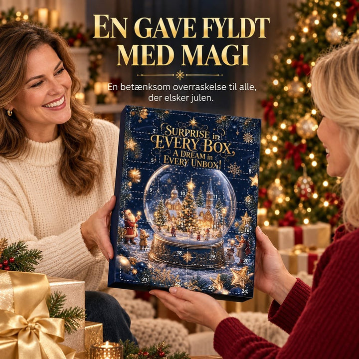To kvinder rækker kalenderen til hinanden som gave foran et oplyst juletræ med pakker 7