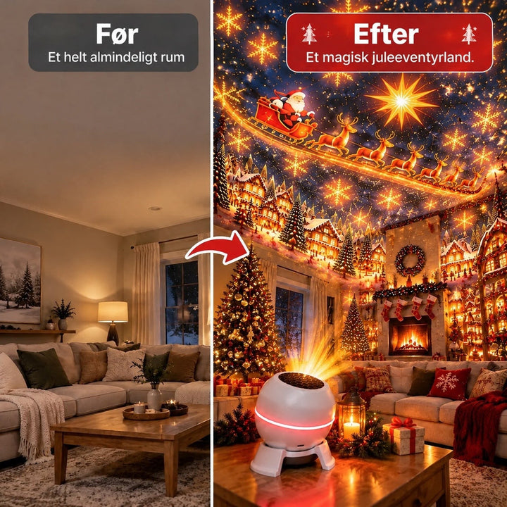 Før-og-efter-sammenligning af en almindelig stue og samme stue forvandlet af projektorens julemotiver 2