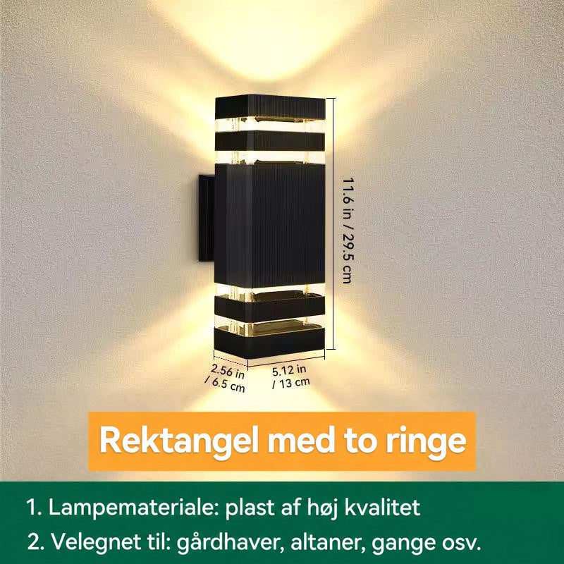 Rektangulær væglampe med to lysbånd i hver ende, vist med målangivelser for højde, bredde og dybde 17
