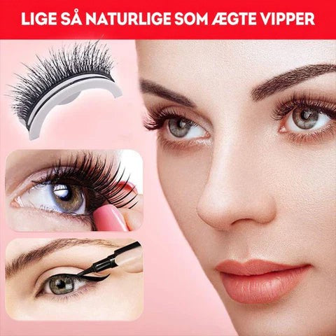 Hvid bærer med vipper øverst og tre nærbilleder af øjne, hvor vipperne sættes på og eyeliner tegnes. 4