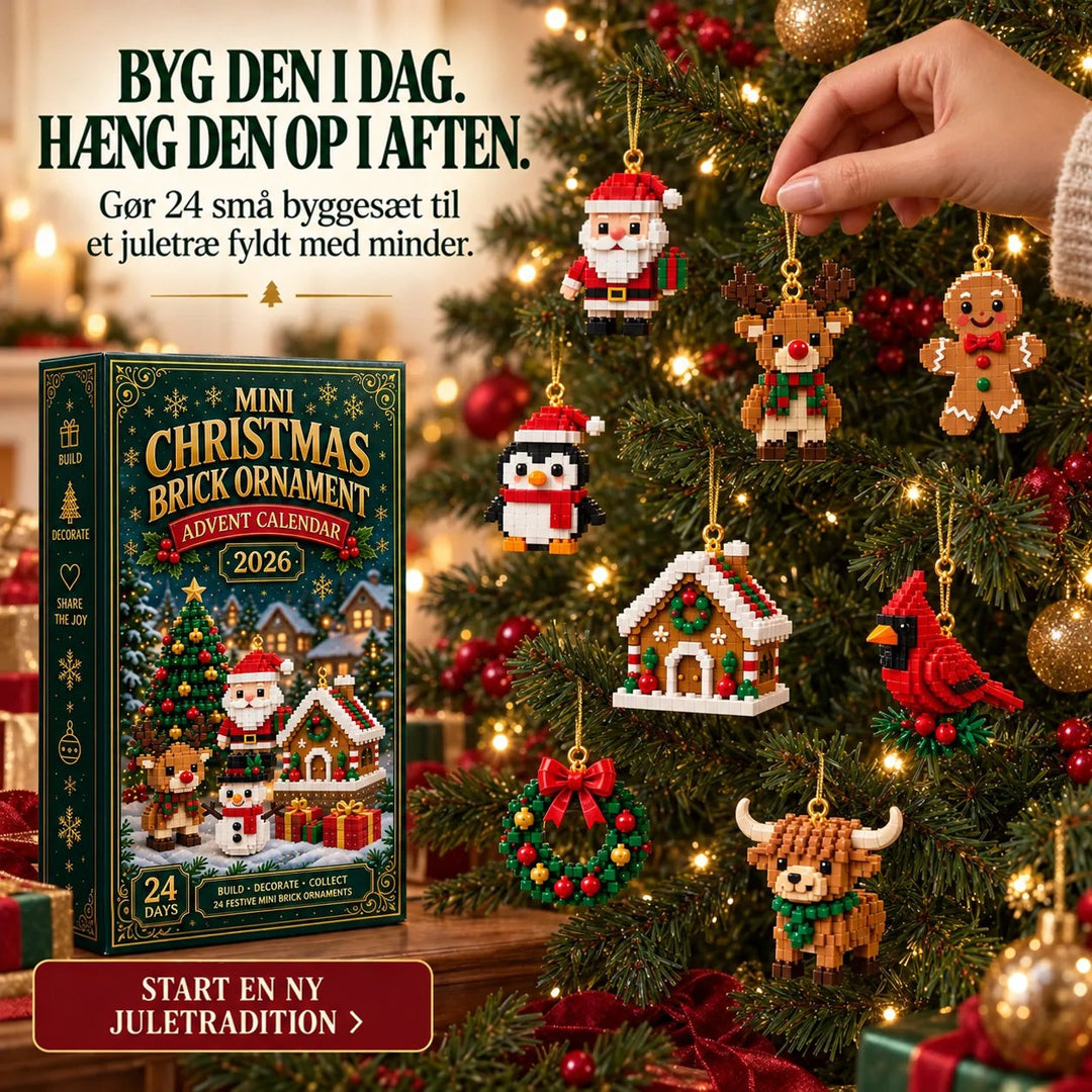 En hånd hænger et klodsornament på juletræet, mens julemand, rensdyr, pingvin, honningkagehus og flere andre figurer hænger ved siden af æsken. 7