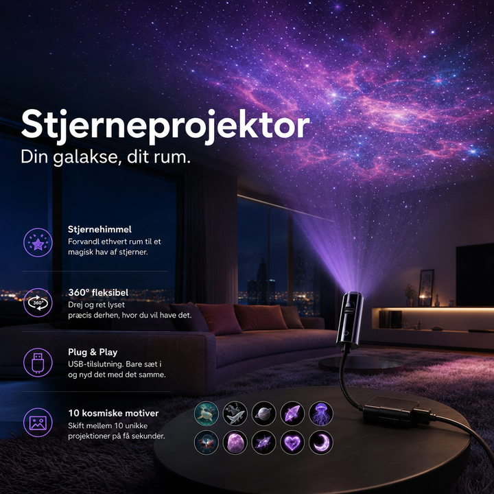 Projektor med bĂžjelig arm pĂ„ rundt bord kaster lilla galakse op pĂ„ stuens loft, med ti motivikoner 5