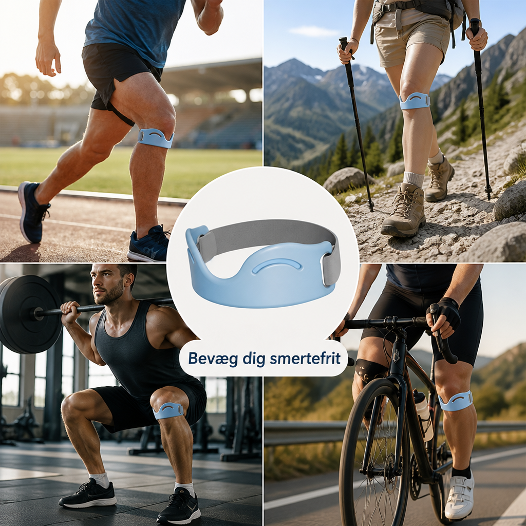 Collage af den lyseblå knæstrop i midten, omgivet af brugere der løber, vandrer, løfter vægte og cykler. 2