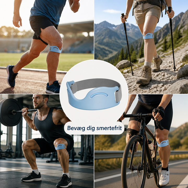 Collage af den lyseblå knæstrop i midten, omgivet af brugere der løber, vandrer, løfter vægte og cykler. 2