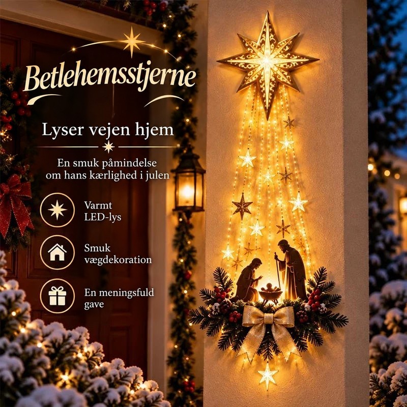 Oplyst stjerne med lysstrenge og krybbescene hængt på en ydervæg ved en pyntet hoveddør i skumringen 1