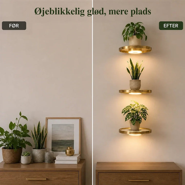 Før-og-efter-billede: en kommode med pyntegenstande og planter til venstre, en ren væg med tre oplyste guldhylder over kommoden til højre. 4