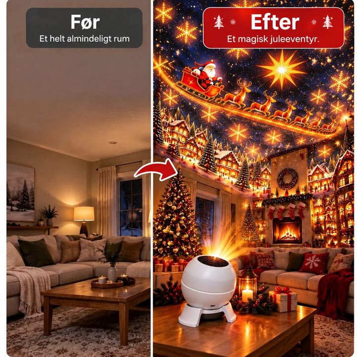 Før-og-efter-sammenligning af en almindelig stue og samme stue med julemotiver projiceret på loft og vægge 3