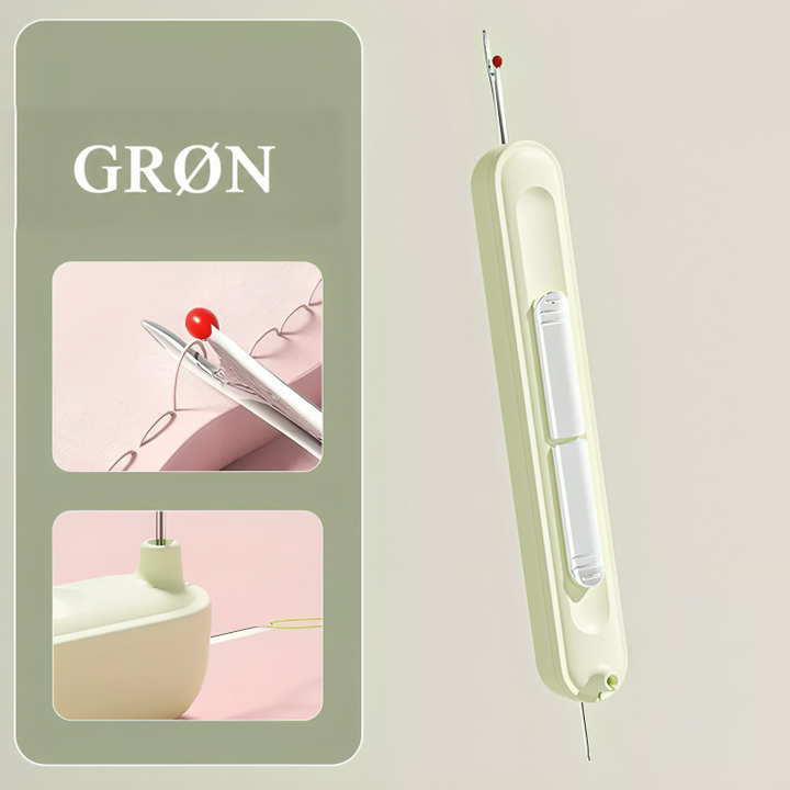 Den grønne udgave af nåletræderen med to små billeder af opsprætning og trådning 7